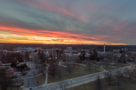An aerial shot of campus at dusk