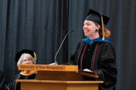 Samantha Reynolds delivering the faculty address at the college's Honors Convocation
