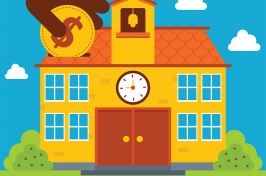 Graphic showing a school house with a person putting a coin into the roof of the school house.