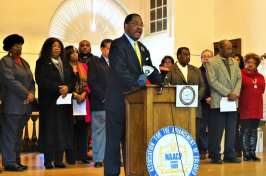 Rogers Johnson, president of the Seacoast NAACP, speaking in Dover in February 2019.