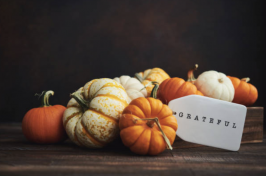An array of pumpkins sits on top of a table with a sign that says "grateful"