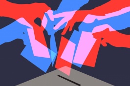 Image of hands placing votes in a ballot box