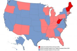 Map showing states where deaths exceeded births in 2019 and 2020