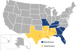 Map showing the SEC conference, divided into East and West divisions.