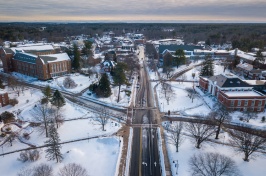 aerial view of campus in the snow