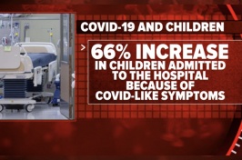 A graphic showing a hospital bed with text that reads "COVID-19 and Children: 66% Increase in Children Admitted to the Hospital Because of COVID-like Symptoms