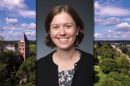 an image of carolyn arcand with a background image of the UNH campus