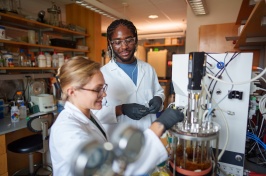 Two students work in a lab using advanced instrumentation.