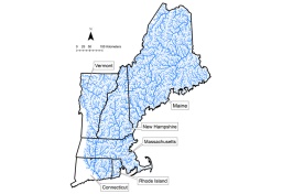 A map of New England showing rivers and tributaries across New England studies that were studied as part of this research