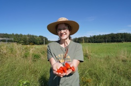 Student holding peppers in a field