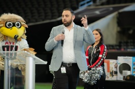 Gregory Forzley speaks to his team at Mercedes-Benz Stadium.