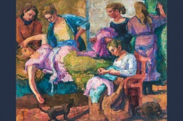 painting of women huddled around ill woman on bed