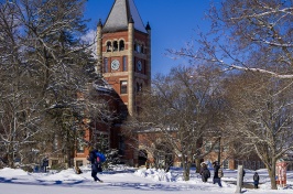 Students walking on campus in winter