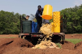 A photo of a UNH Dining Services staff member dumping a yellow bucket out with noodles at the Kingman Research Farm.