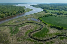 An aerial photo of the Great Bay Estuary in the distance and one of its tributaries in the foreground.