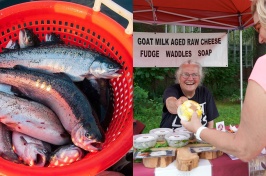 Two images are shown. On the left is a bin full of fresh seafood. On the right is a woman selling dairy products at a farmers market booth.