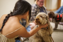 student petting a dog