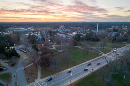 aerial photo of campus at sunset