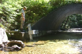 Man stands at the edge of a river while conducting research