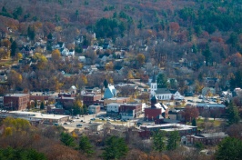 Drone shot of small NH town in early autumn