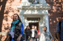 Students exiting Murkland Hall at the University of New Hampshire