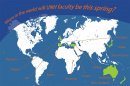 A map of the world showing locations where UNH faculty will be teaching or taking part in projects this spring.