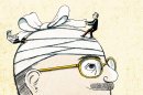 an illustration of two men tying a bandage on a third man's head