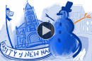 illustration of UNH's Thompson Hall and a snowman