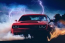 Dodge Demon with lightning in the background