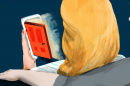 illustration by Maria Fabrizio for NPR of a woman looking at a door opening on her phone and a man's arm around her
