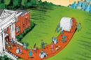 illustration of people rolling out a path from a building to the city