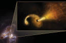 Artist’s conception of a Tidal Disruption Event (TDE). The background is a Hubble Space Telescope image of Arp 299, a pair of colliding galaxies.