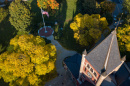 An aerial view of UNH's Thompson Hall 