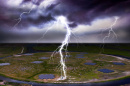 An illustration of lightning striking the Earth near an array of antennas.