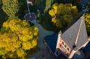 An aerial view of UNH's Thompson Hall