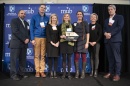 Jessica Forrest (fourth from left) and Hannah MacBride (third from right) with judges from the NH Social Venture Innovation Challenge.