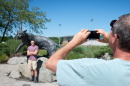 A UNH parent takes a photo of a student at the Wildcat statue 