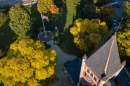 Overhead shot of Thompson Hall with fall foliage