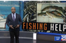 newscaster in front of photo of fish that says fishing help