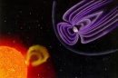 Image of solar flare from the Sun and the Earth surrounded by purple magnetic lines.