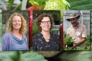 A photo showing NHAES researchers Becky Sideman, Lise Mahoney, and Tom Davis, overlayed on an image of a strawberry