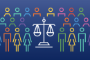 An illustration showing multicolored stick figures with the scales of justice