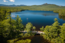 Aerial view of a lake or pond surrounded by green trees