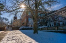 Sunshine glints through tree branches above Thompson Hall, with snowy grass in the foreground