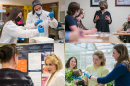 A series of four photos showing women researchers and faculty members engaged in field or lab work, teaching courses, and/or sharing their work with colleagues