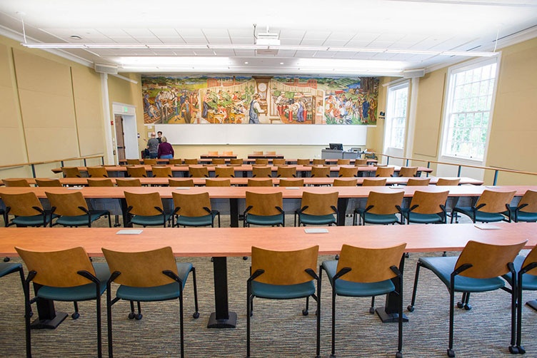 a restored mural in one of the newly renovated classrooms in Hamilton Smith Hall