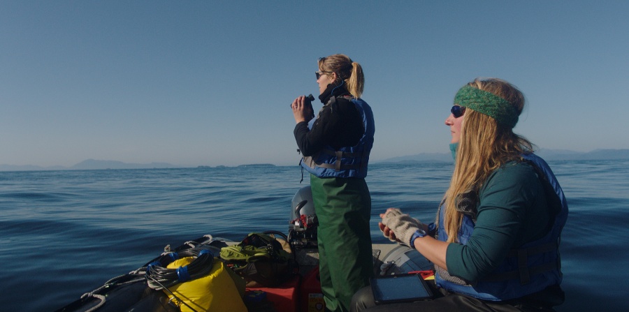 Michelle Fournet (right) and a fellow researcher looking for marine life during a research expedition in Alaska.