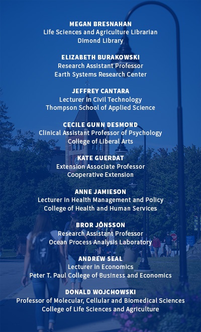 a list of additional members of UNH's new faculty 2017 laid over an image of Thompson Hall
