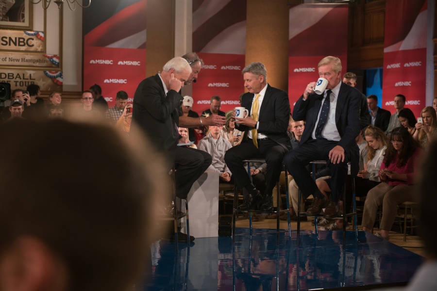 MSNBC's Chris Matthews, interviewing Libertarian presidential and vice presidential candidates Gary Johnson and Bill Weld at UNH