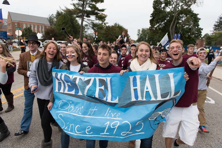 A group of Hetzel Hall residents with banner